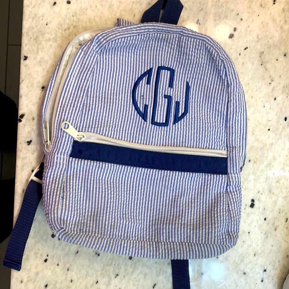 Seersucker monogrammed CGJ toddler backpack